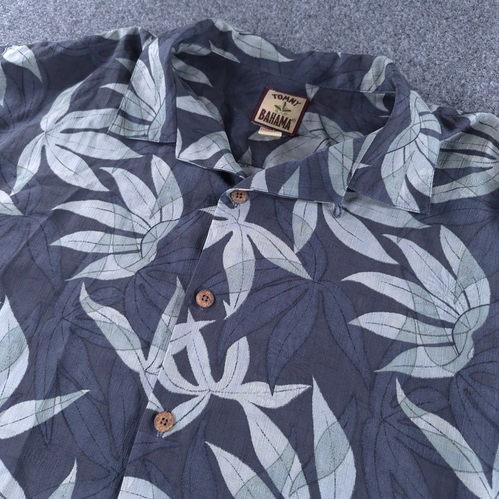 Tommy Bahama Mens Large Silk Camp Shirt Grey Blue Tropical Leaf Print SS